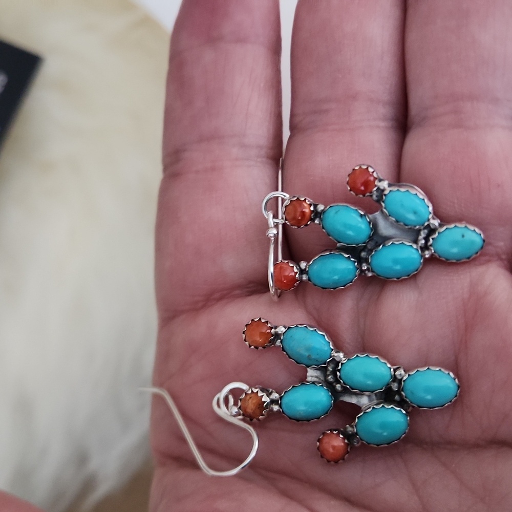 NWT Native American Navajo Turquoise Cactus Dangle Earrings 🩵🌵🧡 - Picture 7 of 12